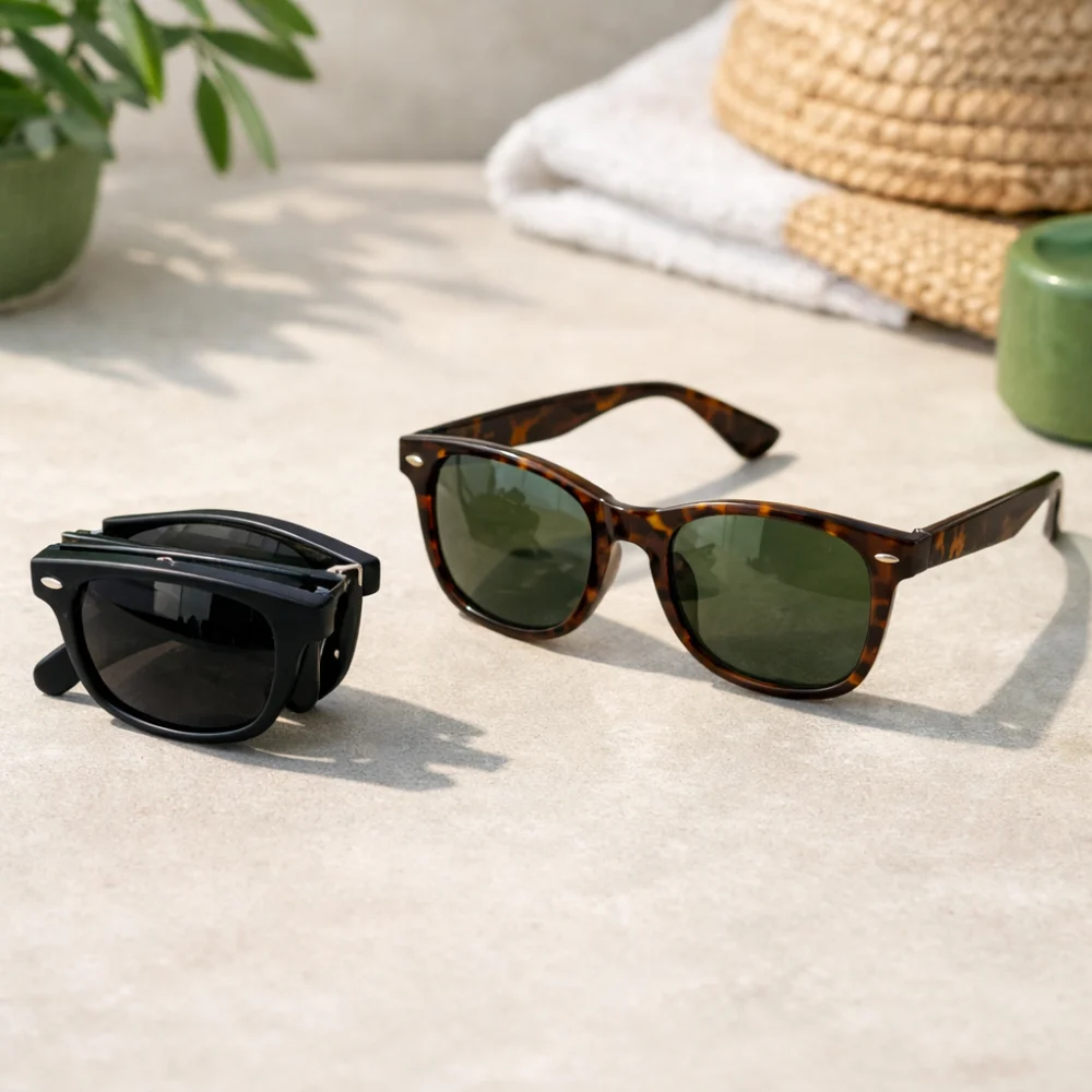 A few generic sunglasses arranged on a neutral surface