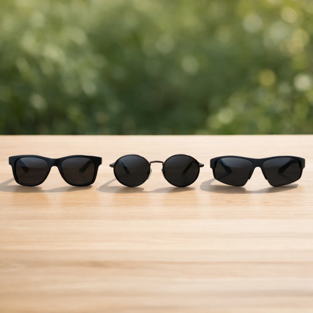 Three unbranded sunglasses frames shown side by side for shape comparison