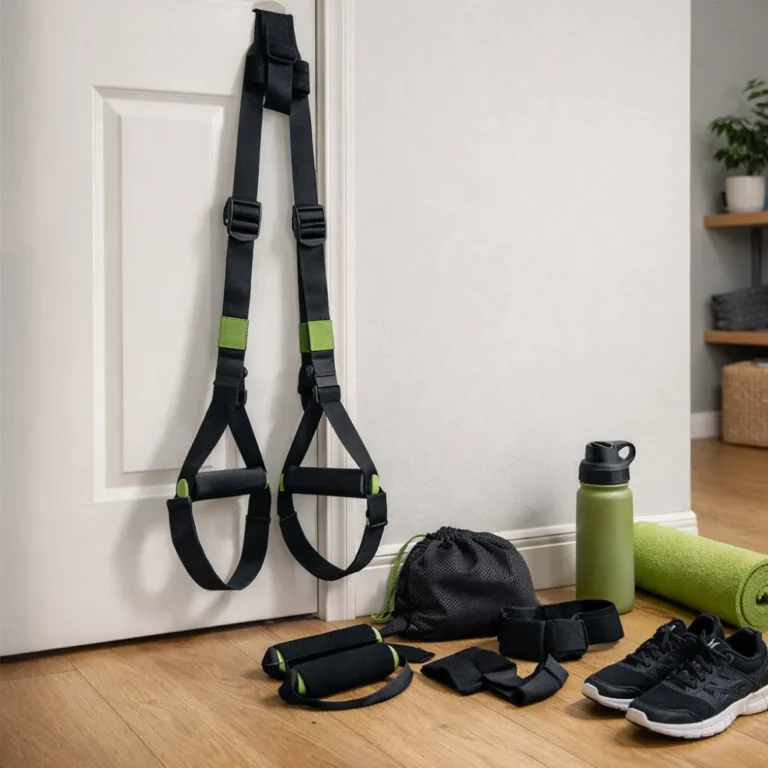 Suspension trainer kit displayed for home exercise in a simple indoor setting.