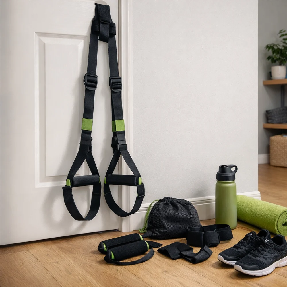 Suspension trainer kit displayed for home exercise in a simple indoor setting.
