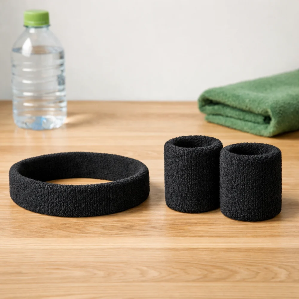 A headband and wrist sweatband shown side by side