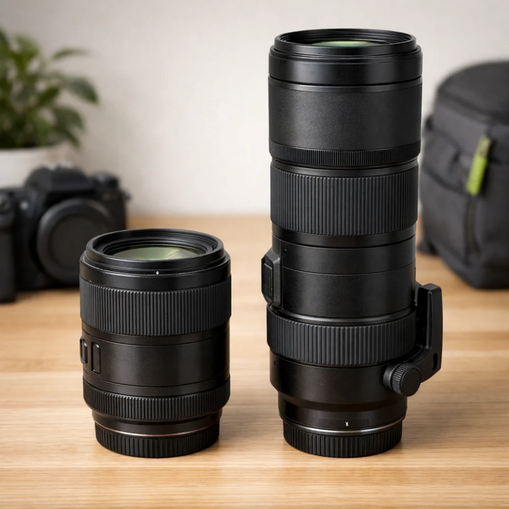 Two camera lenses side by side showing different sizes and focal length styles.