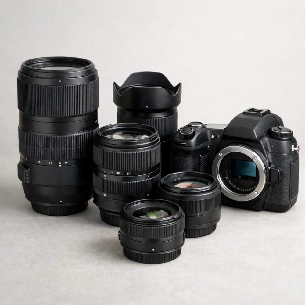 Several interchangeable camera lenses arranged beside a camera body on a neutral background.