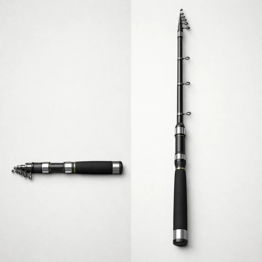A collapsed telescopic rod shown beside its extended form