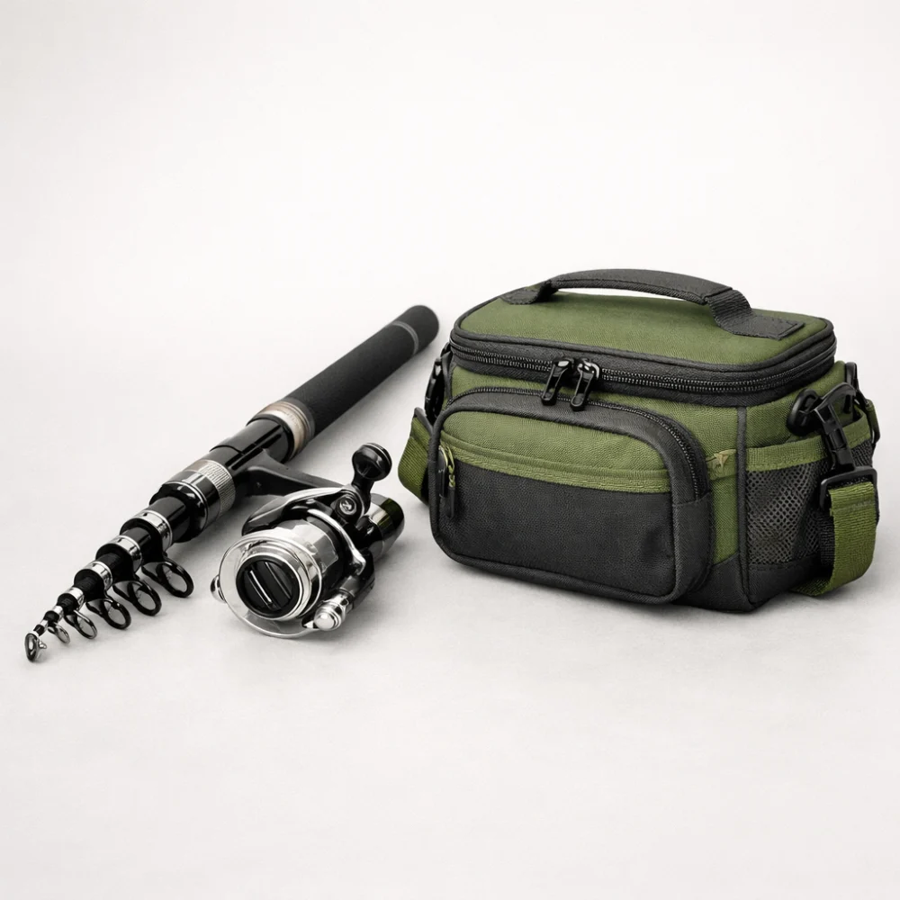 A telescopic fishing rod partially extended beside a compact tackle bag
