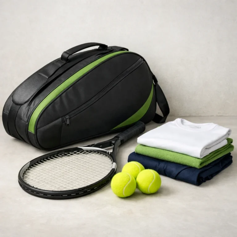 An unbranded tennis bag with a racket, tennis balls and folded clothing on a neutral background.