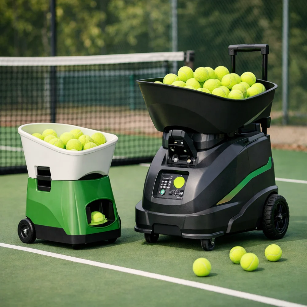 Two tennis ball machine styles shown side by side for comparison.