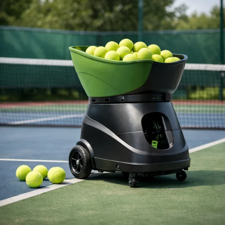 A tennis ball machine on a court with tennis balls nearby.
