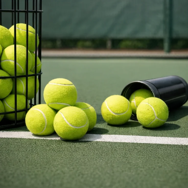 Generic tennis balls arranged on a tennis court surface