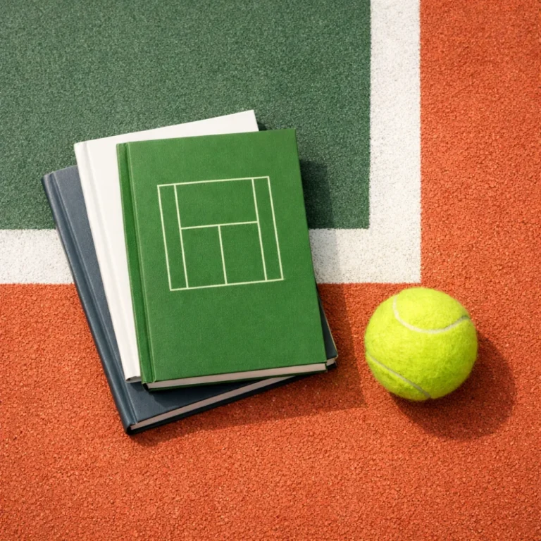 A selection of tennis books beside a tennis ball