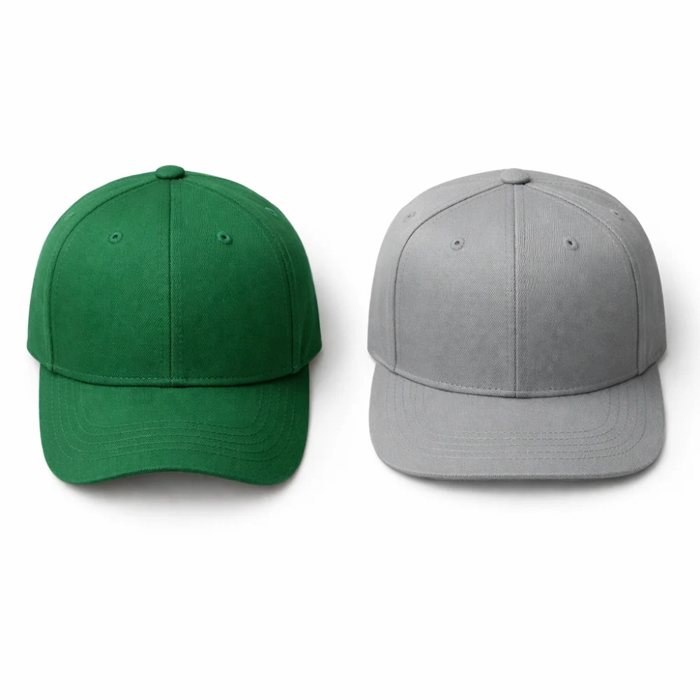 Two generic tennis caps displayed side by side to compare shape and profile.