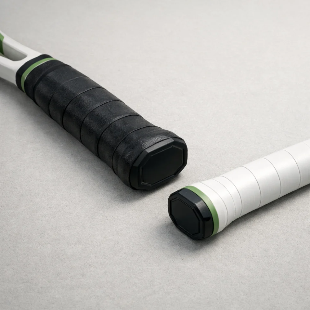 Side-by-side tennis racket handles showing different grip thickness
