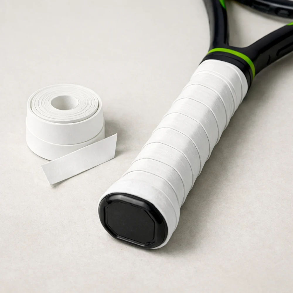 Tennis racket handle with grip wrap and overgrip roll
