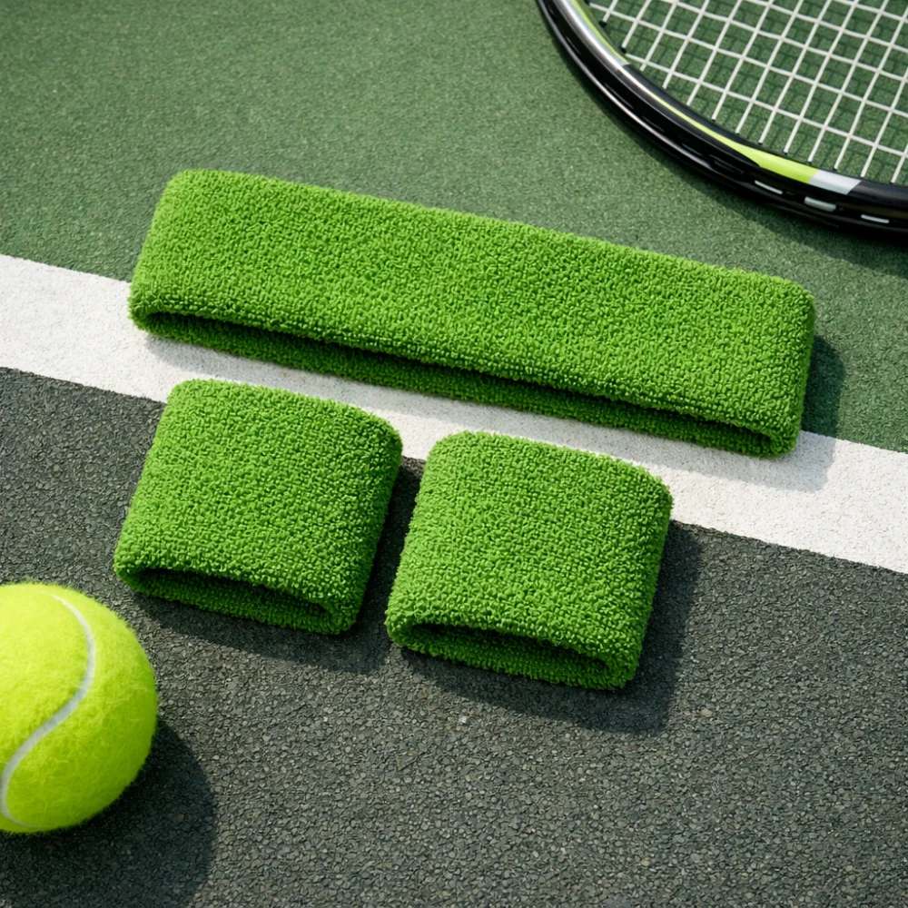 Plain tennis headband and wristbands arranged on a simple sports background.
