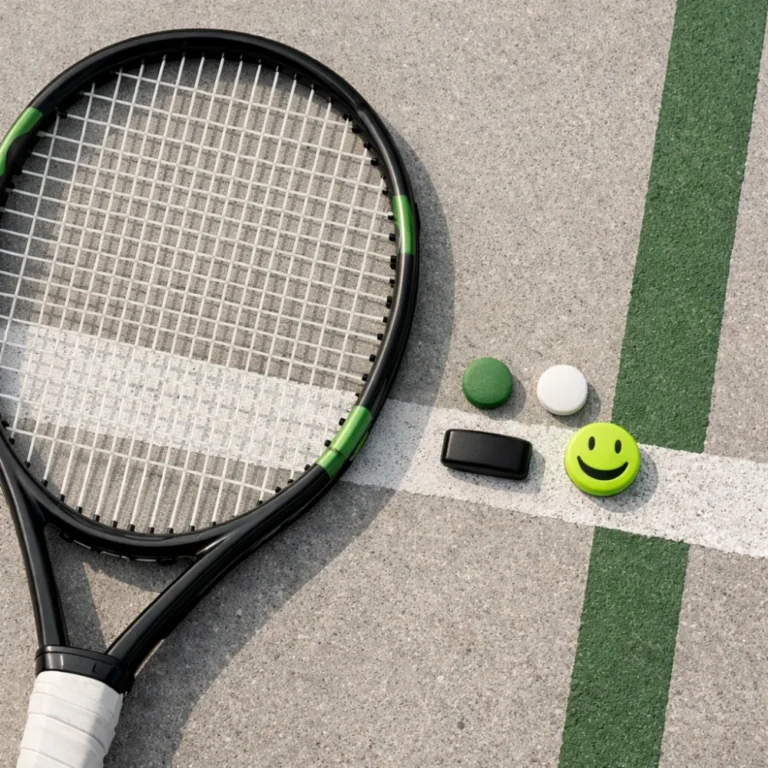 Tennis racket with a few small dampeners arranged beside it on a neutral surface.