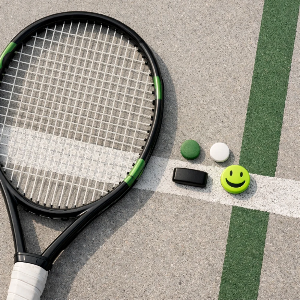 Tennis racket with a few small dampeners arranged beside it on a neutral surface.