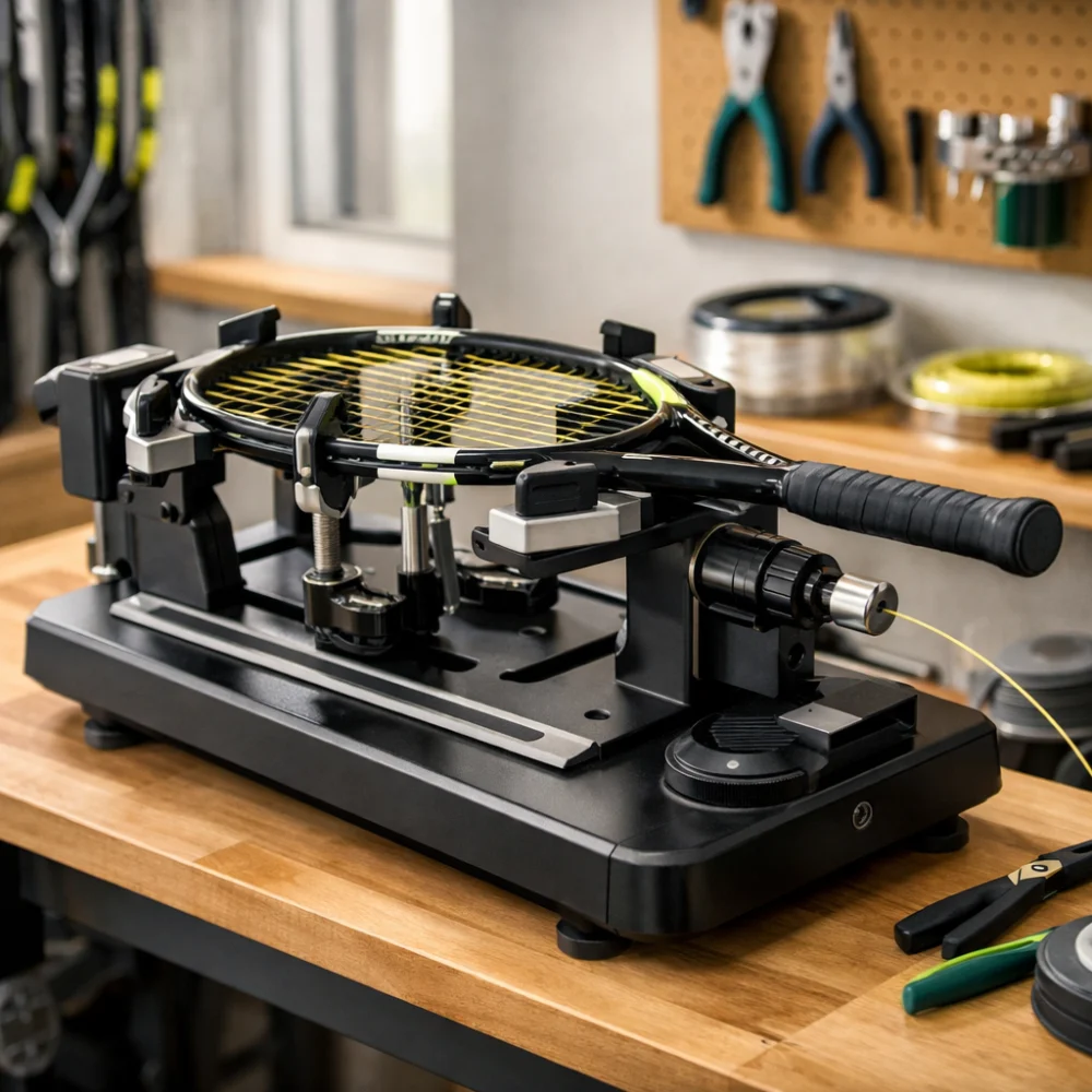 Tennis racket stringing machine set up with a racket in a workshop-style setting