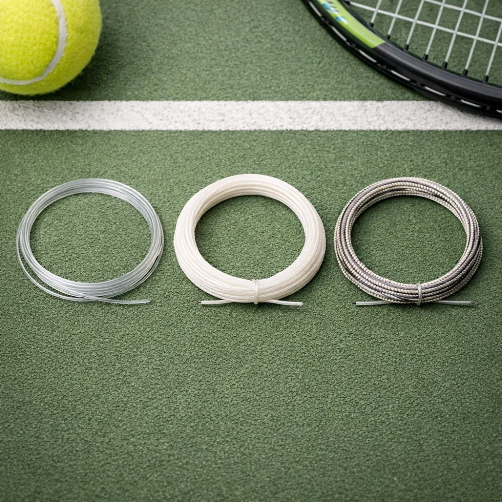 Three generic tennis string samples arranged to show different string types and thicknesses.