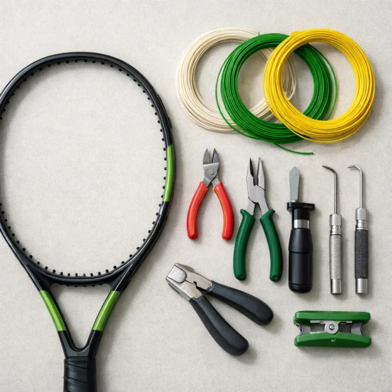 Tennis racket strings arranged beside a tennis racket and stringing tools on a neutral background.