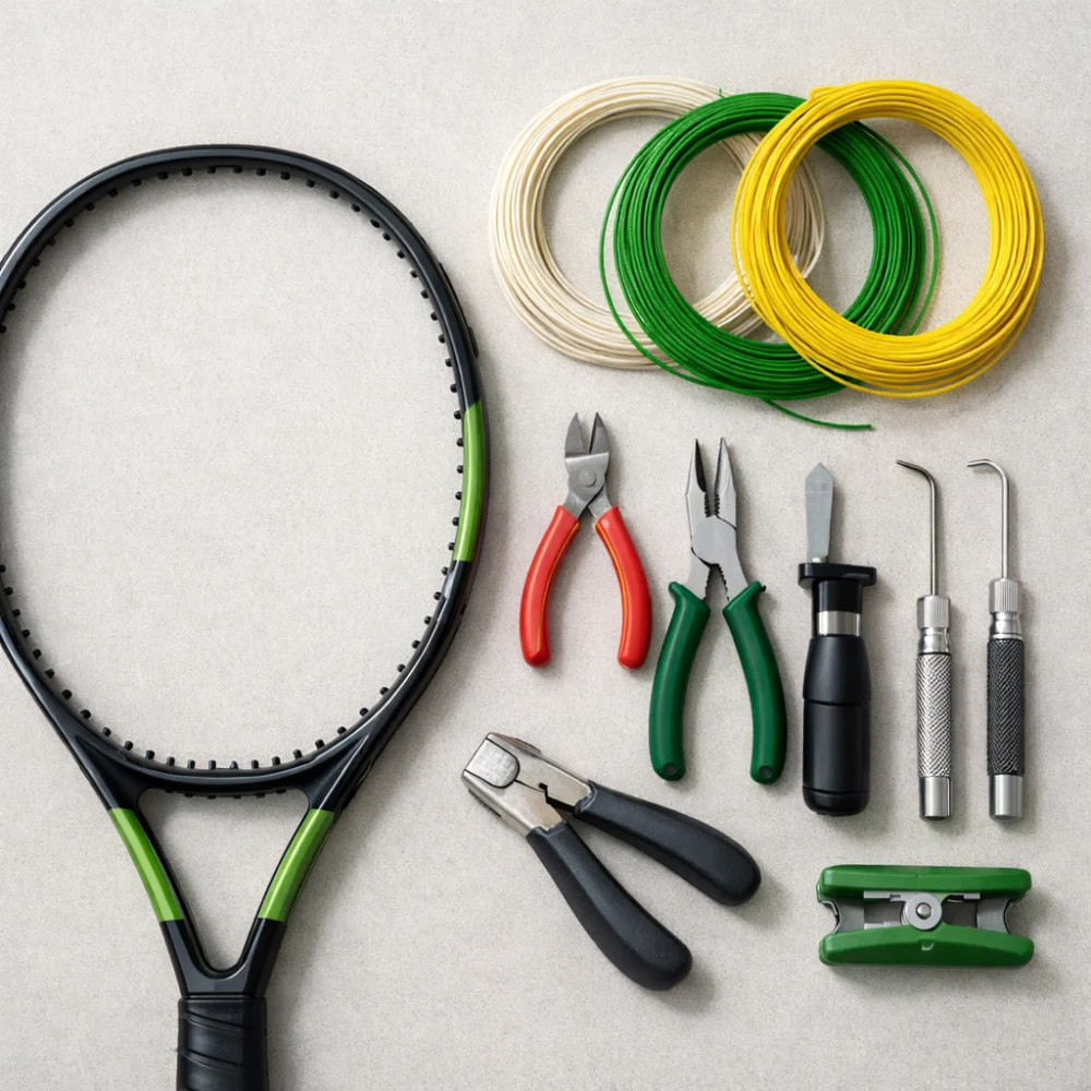 Tennis racket strings arranged beside a tennis racket and stringing tools on a neutral background.