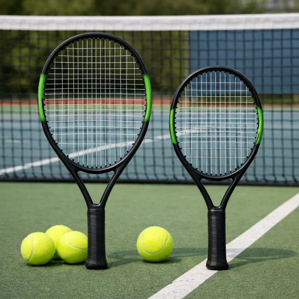 Two unbranded tennis rackets side by side for size comparison.