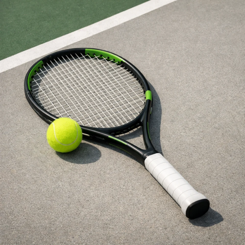 A tennis racket and ball on a neutral court-style surface.