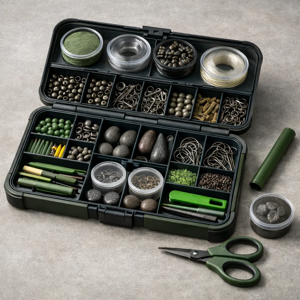 Organised fishing terminal tackle kit with small compartments laid out on a neutral background.