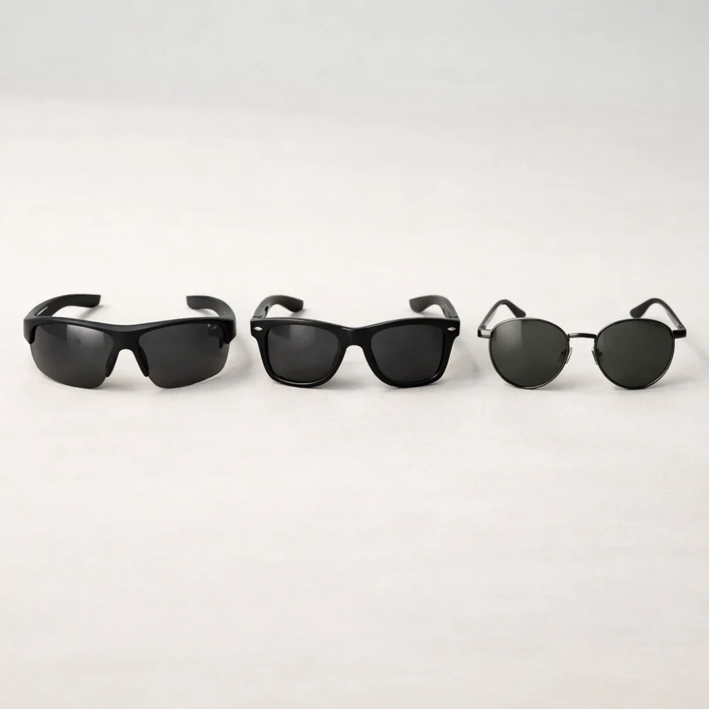 Three sunglasses frames in different shapes on a neutral background