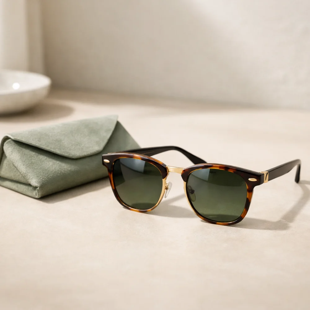 Luxury-style sunglasses and a soft case on a neutral surface