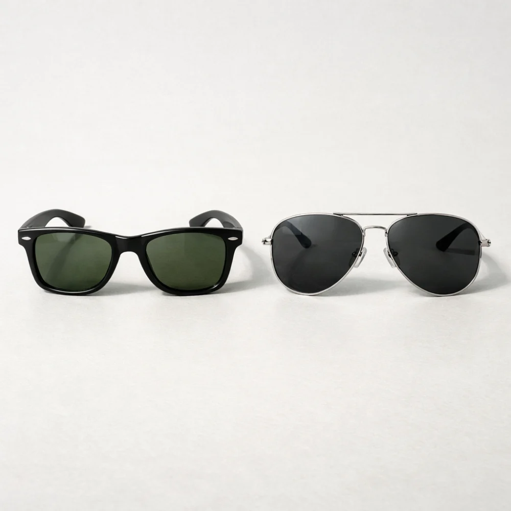 Two different sunglasses frame shapes compared side by side on a plain background