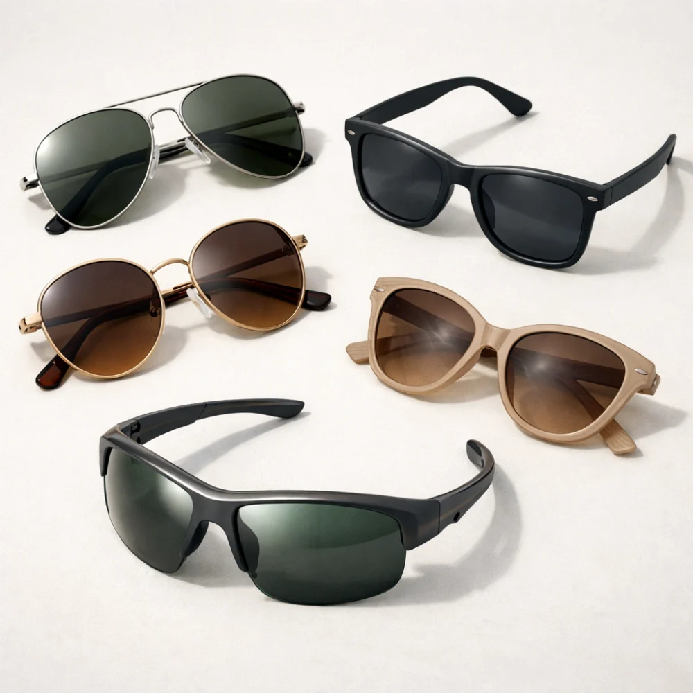 Assorted sunglasses frames arranged on a light studio background
