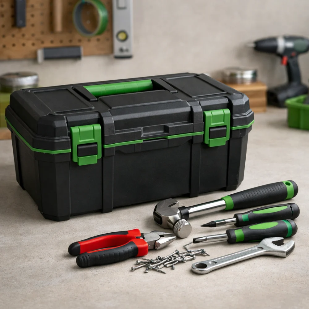 A generic tool box with hand tools arranged beside it in a workshop setting.