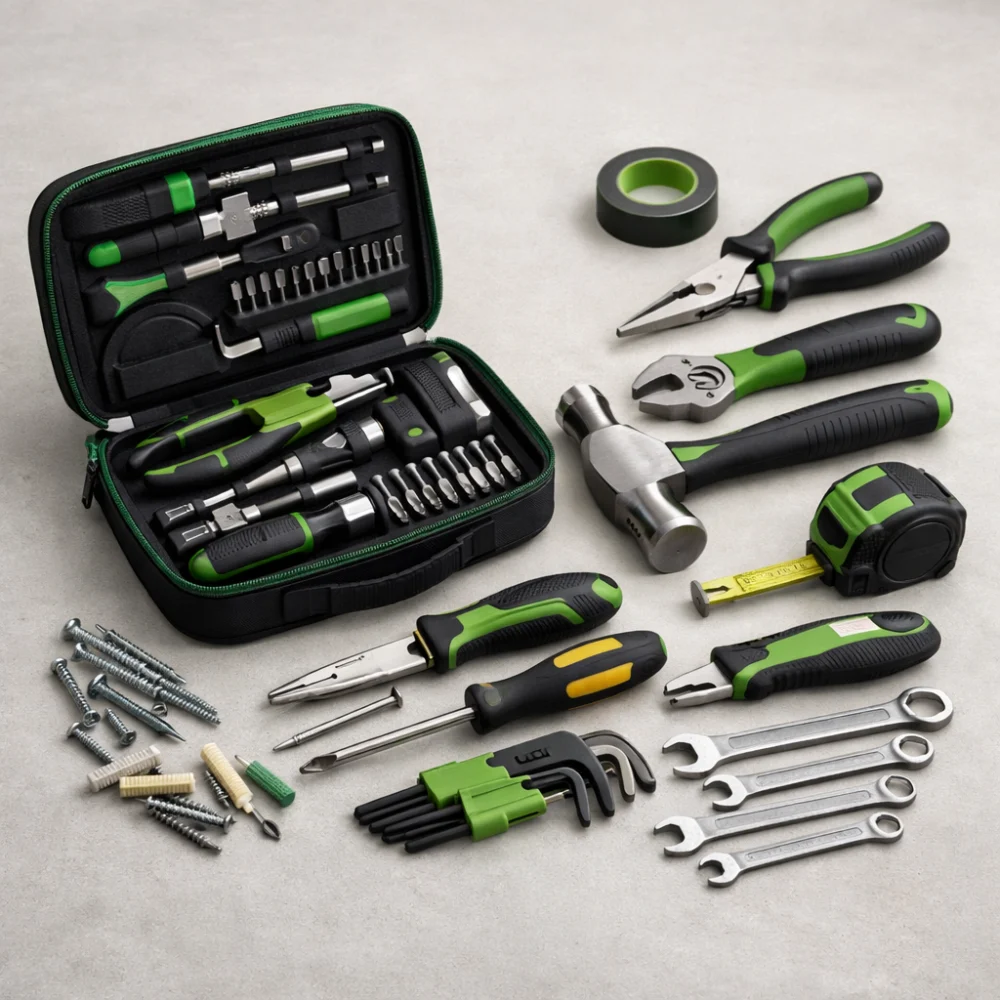 A general tool kit arranged neatly beside a storage case on a neutral background.