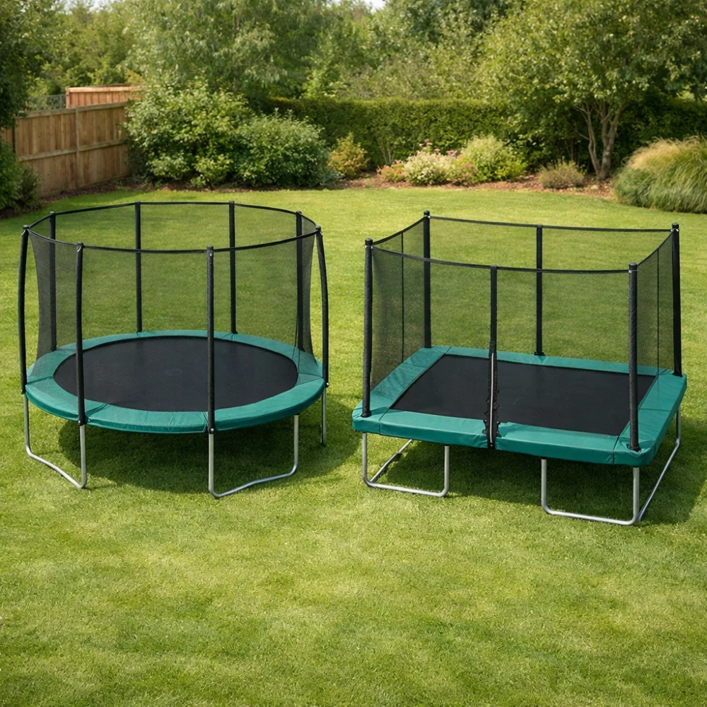 Two generic trampoline shapes shown side by side in a garden setting