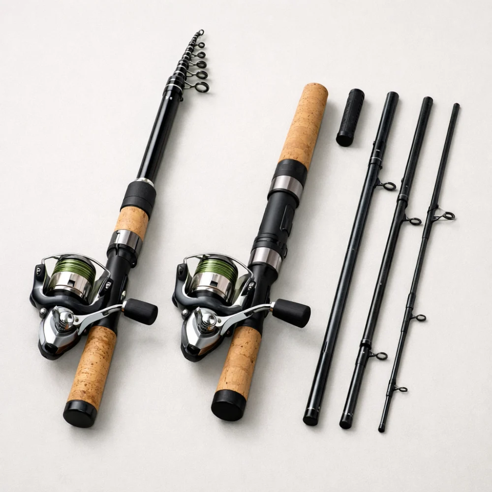 Telescopic and multi-piece travel rods shown side by side