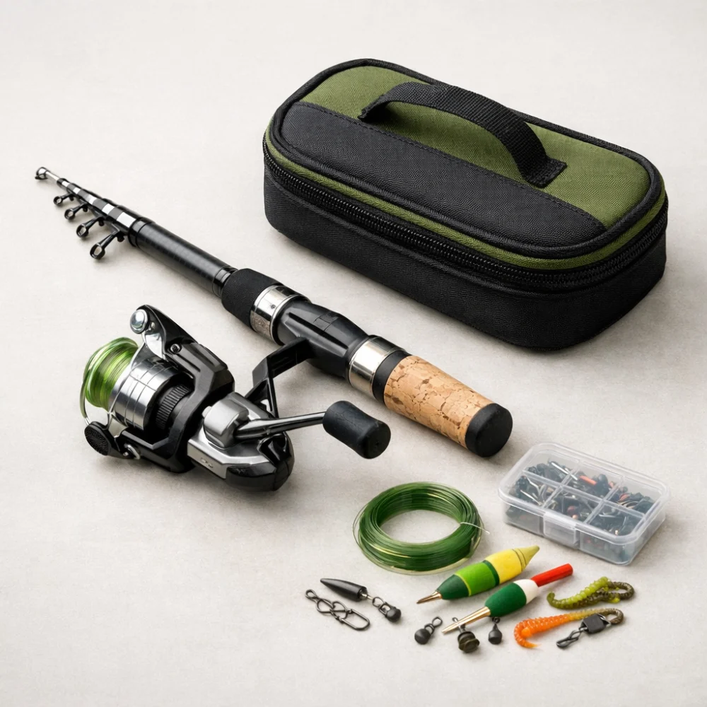 Compact travel fishing rod with a carry case and simple fishing accessories