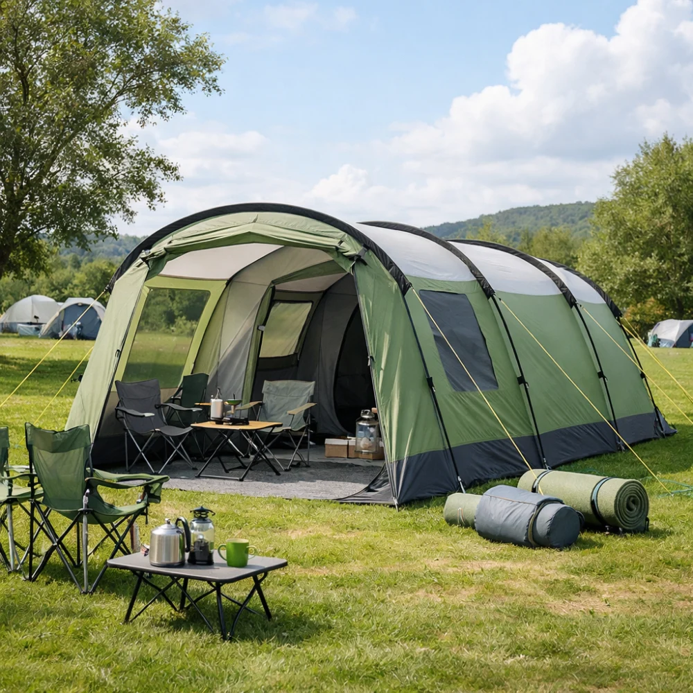 A tunnel tent pitched at a campsite with clear living and sleeping sections