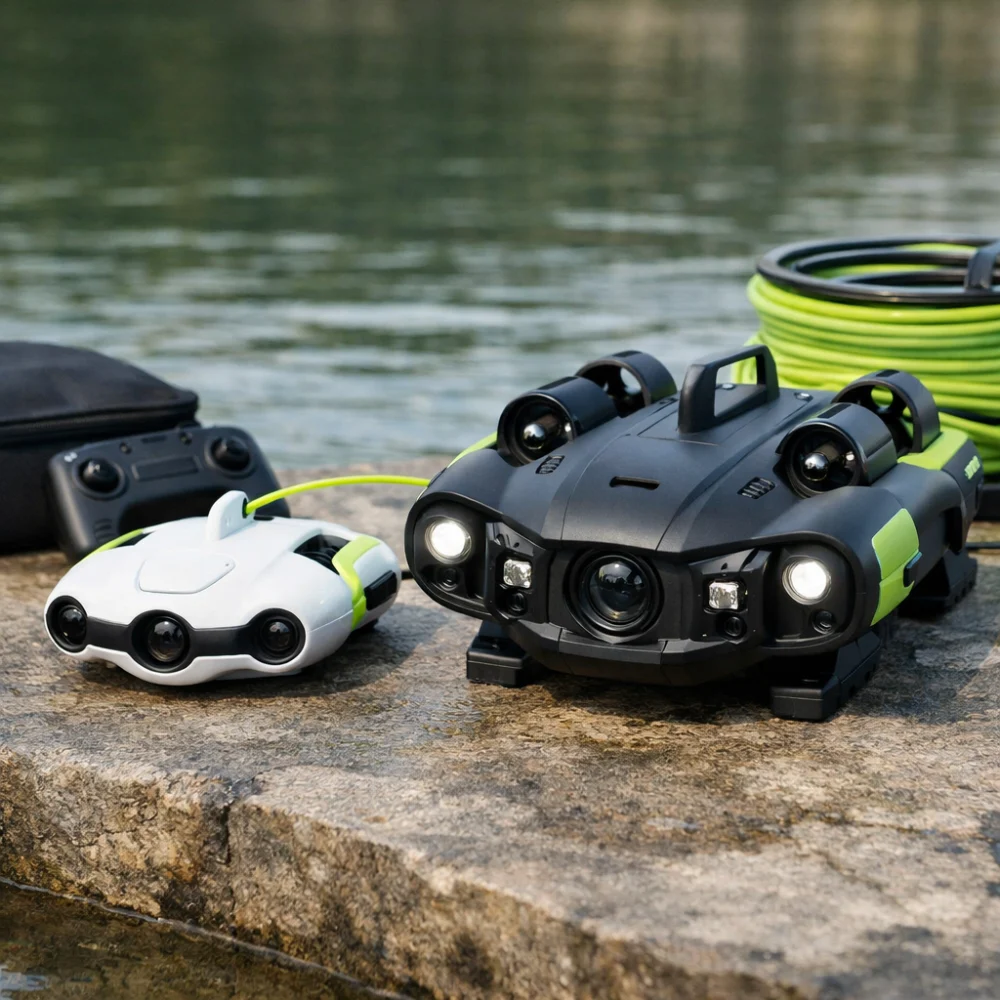 Two different underwater drone styles shown for comparison.
