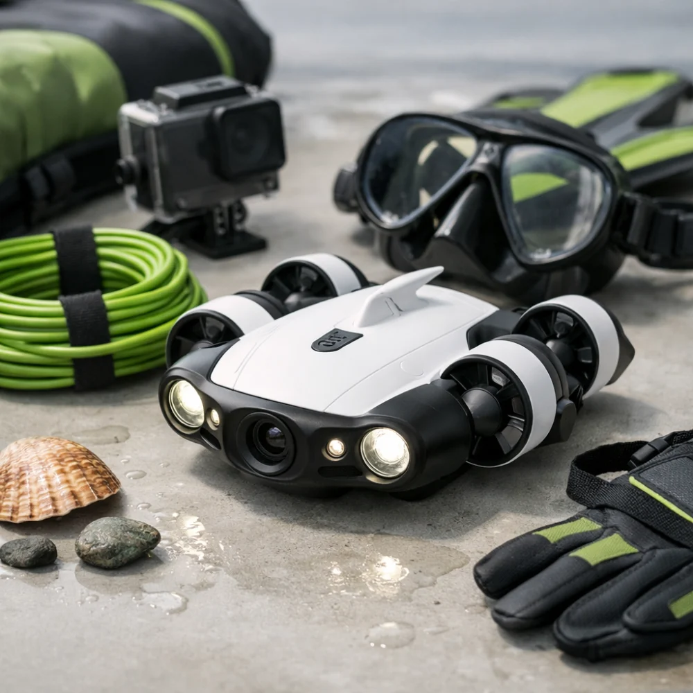 An underwater drone styled for buyer guidance on a neutral background.