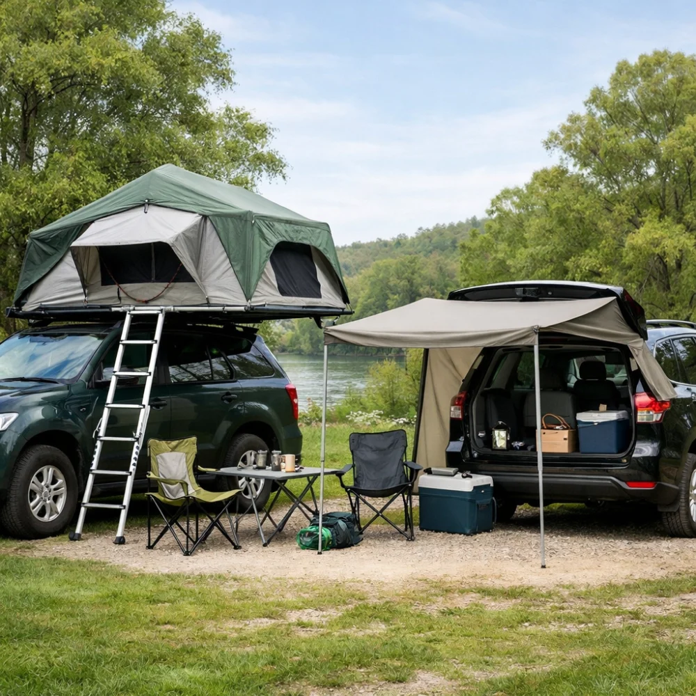 Editorial comparison image of a vehicle roof tent and vehicle shelter setup for camping