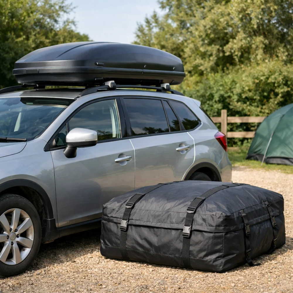 Car roof storage options shown as a rigid roof box and a soft roof bag