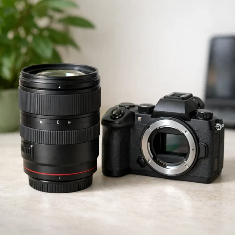 A camera lens beside a camera body on a neutral background.