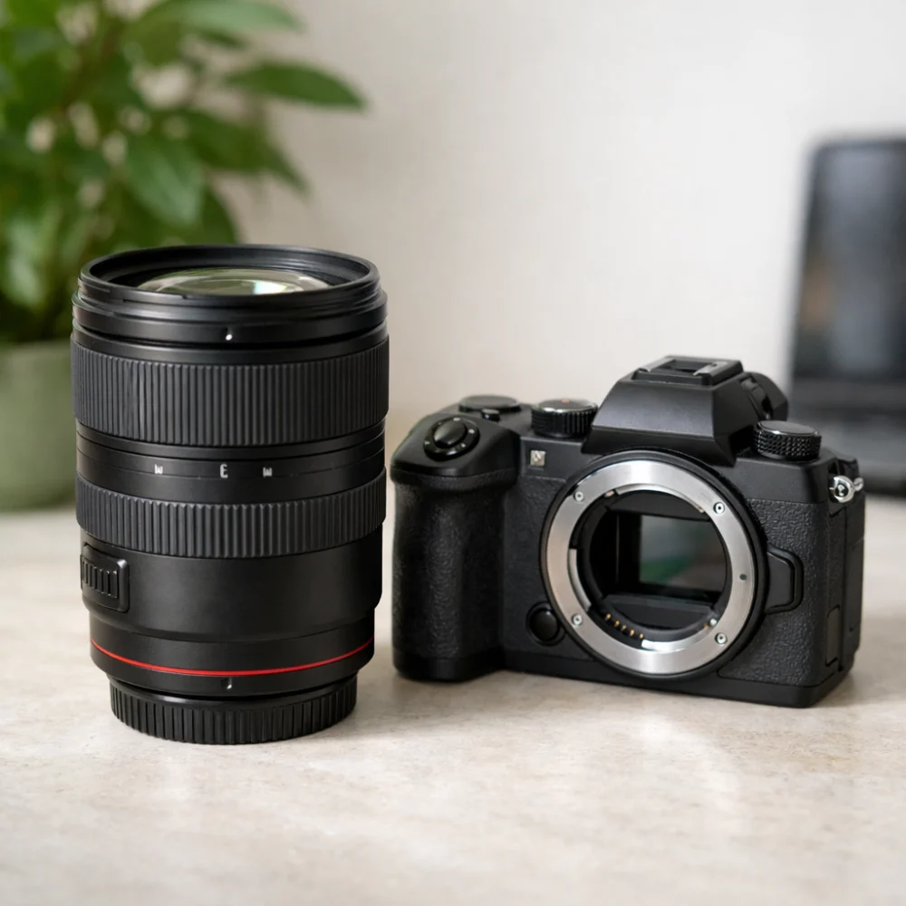 A camera lens beside a camera body on a neutral background.