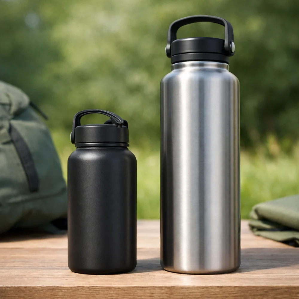 Two plain water bottle shapes shown side by side to compare size