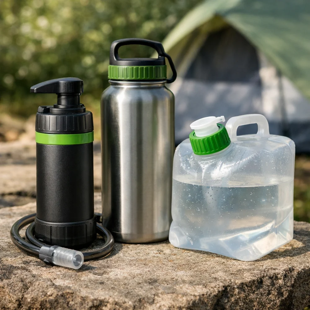 Generic camping water filter and drinking bottle on a neutral surface