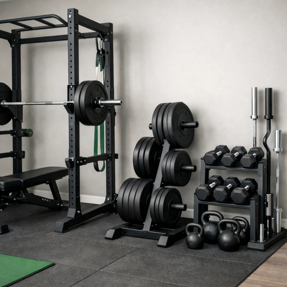 A home gym weight rack and cage setup with neatly stored weights