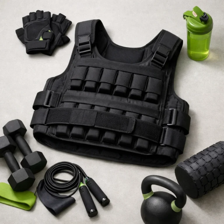 A weighted vest shown in a simple studio arrangement on a neutral background.