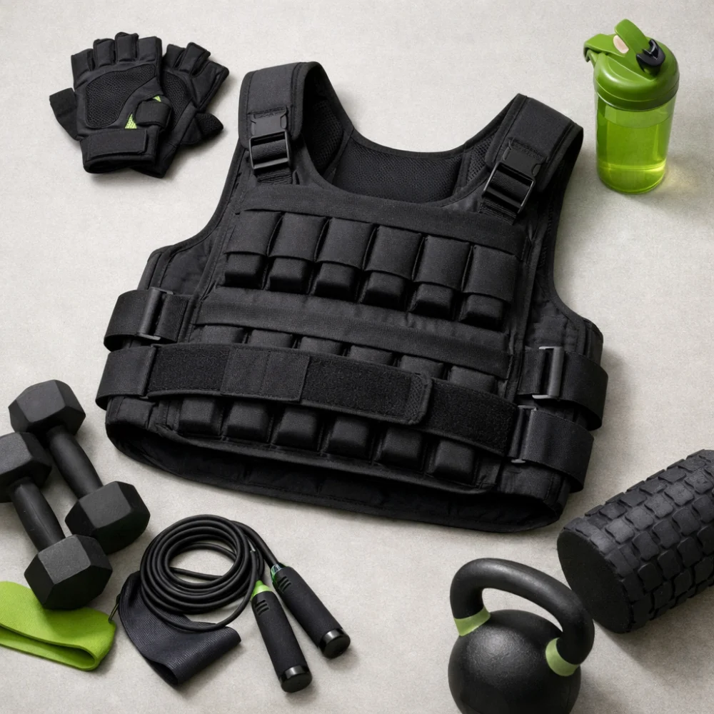 A weighted vest shown in a simple studio arrangement on a neutral background.