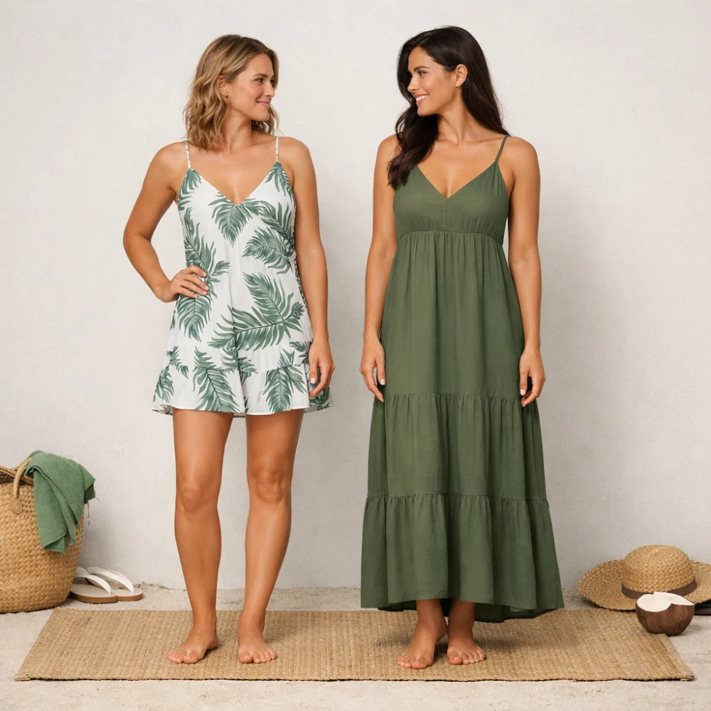 Two women’s beach dress silhouettes showing different lengths.