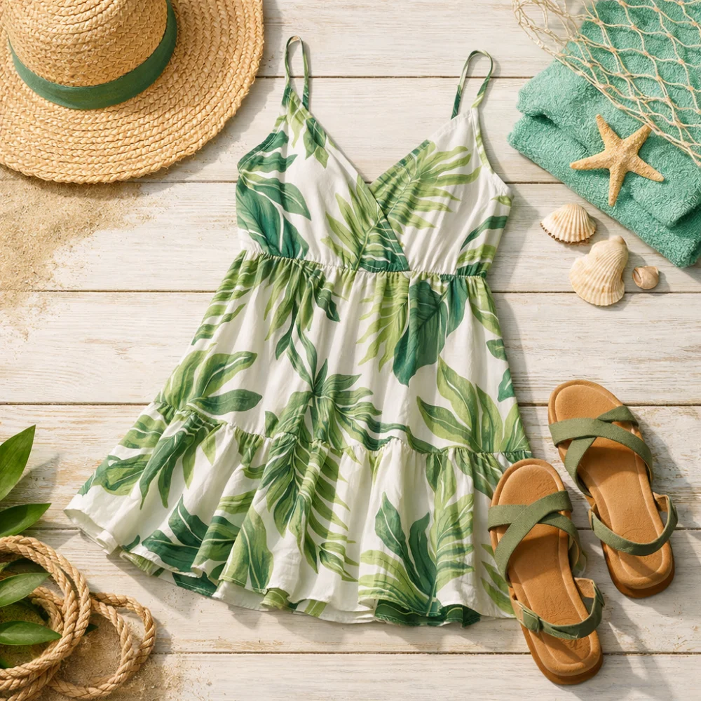 Women’s beach dress styled with summer accessories in a coastal setting.